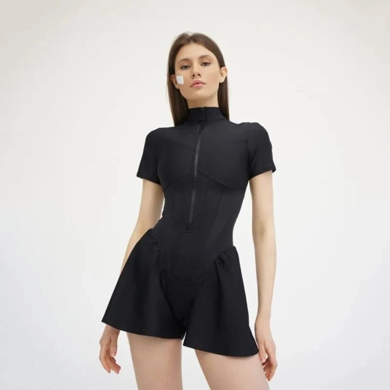 Sexy Bodycon Playsuit Women Jumpsuit O Neck Short Sleeve Zipper Bodysuit Female Elegant Slim Playsuits Rompers Sport Clothes