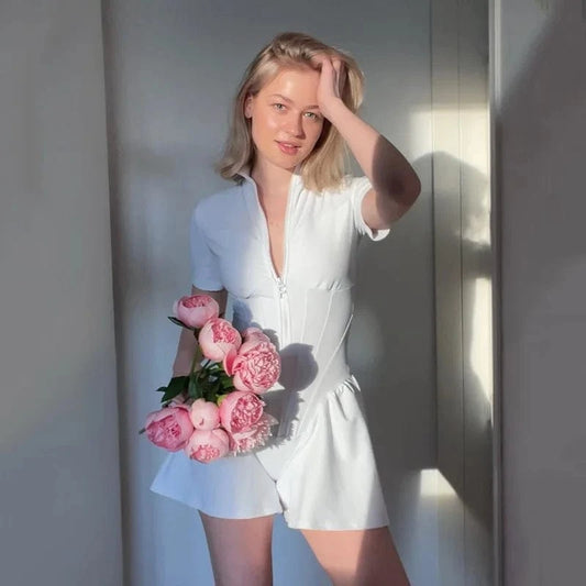 Sexy Bodycon Playsuit Women Jumpsuit O Neck Short Sleeve Zipper Bodysuit Female Elegant Slim Playsuits Rompers Sport Clothes