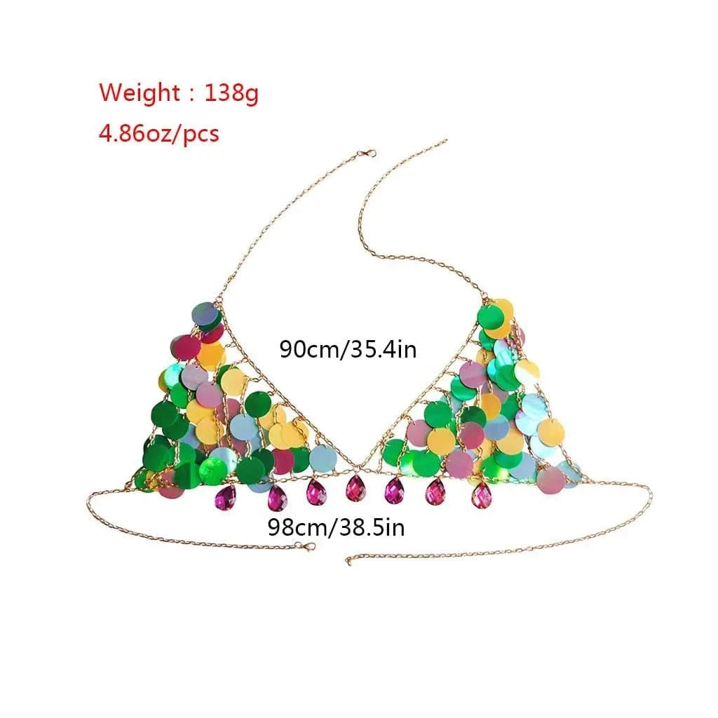 Sexy Bra Body Chain / Yellow Gold 2024 Sexy Bling Sequins Bra Chain Summer Beach Bikini Belly Colorful Charm Harness Chain Body Accessories Lingerie For Women Jewelry