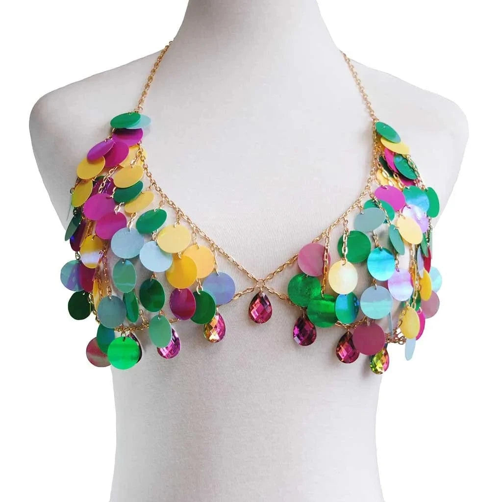 Sexy Bra Body Chain / Yellow Gold 2024 Sexy Bling Sequins Bra Chain Summer Beach Bikini Belly Colorful Charm Harness Chain Body Accessories Lingerie For Women Jewelry