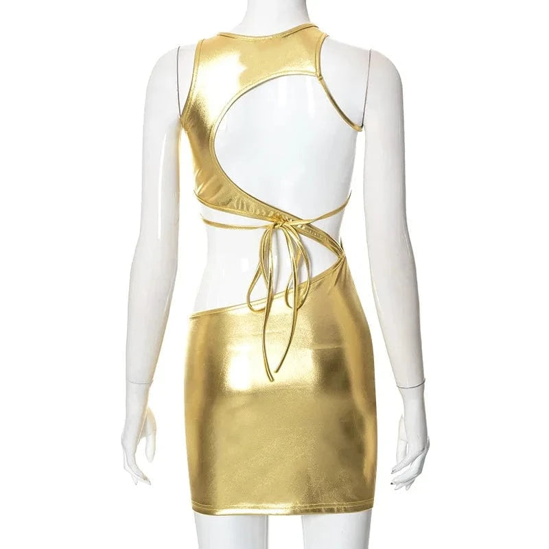 Sexy Club Body Con Mini Dress Women Clothing Sexy Halter Hollow out  Bronzing Dress Womens Dresses for Ladies