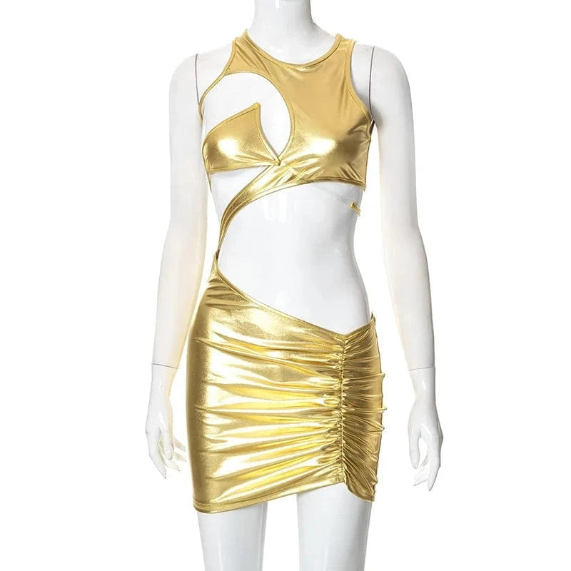 Sexy Club Body Con Mini Dress Women Clothing Sexy Halter Hollow out  Bronzing Dress Womens Dresses for Ladies