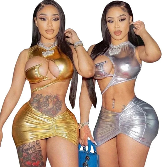 Sexy Club Body Con Mini Dress Women Clothing Sexy Halter Hollow out  Bronzing Dress Womens Dresses for Ladies