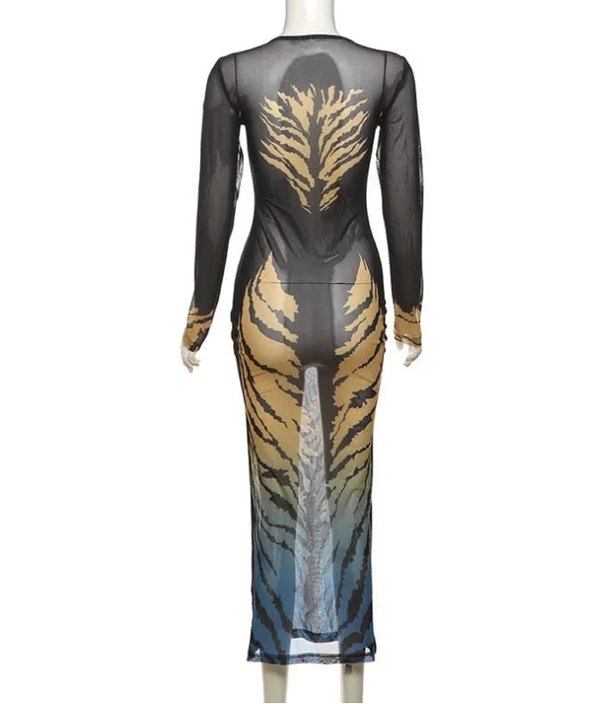 Sexy Club Party Mesh Maxi Dress Summer 2024 New Long Sleeve Leopard Printed Bodycon Dresses For Women Sheer Long Dress