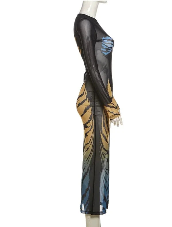 Sexy Club Party Mesh Maxi Dress Summer 2024 New Long Sleeve Leopard Printed Bodycon Dresses For Women Sheer Long Dress