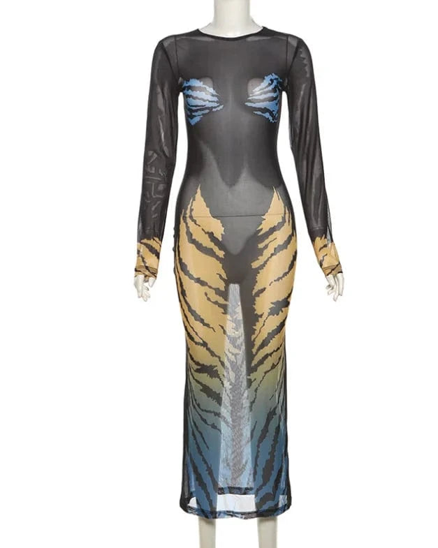 Sexy Club Party Mesh Maxi Dress Summer 2024 New Long Sleeve Leopard Printed Bodycon Dresses For Women Sheer Long Dress