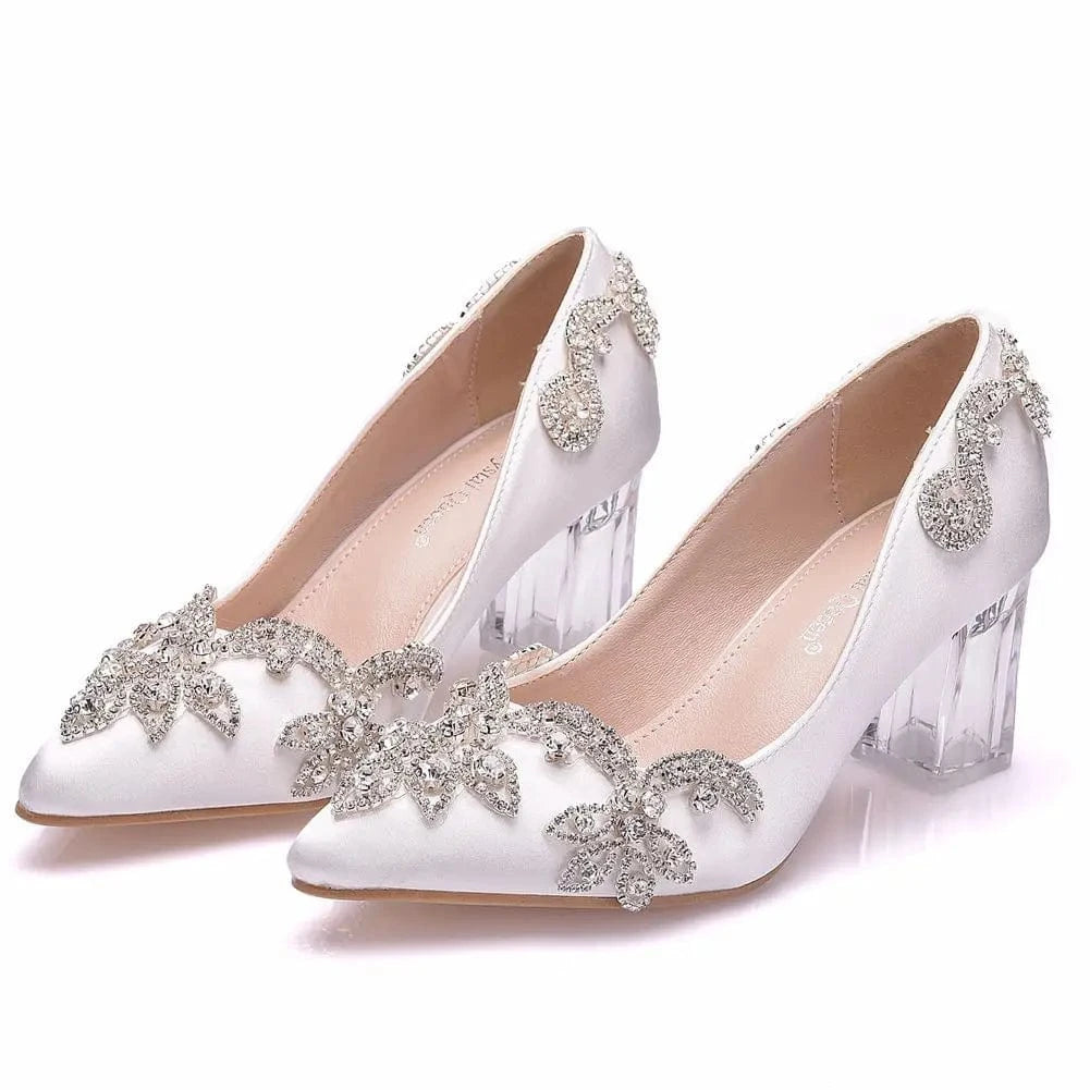 Sexy Crystal Transparent Square Heel with 9.5CM Block Heel Women Silks Rhinestone Wedding Dress Heel Sandals