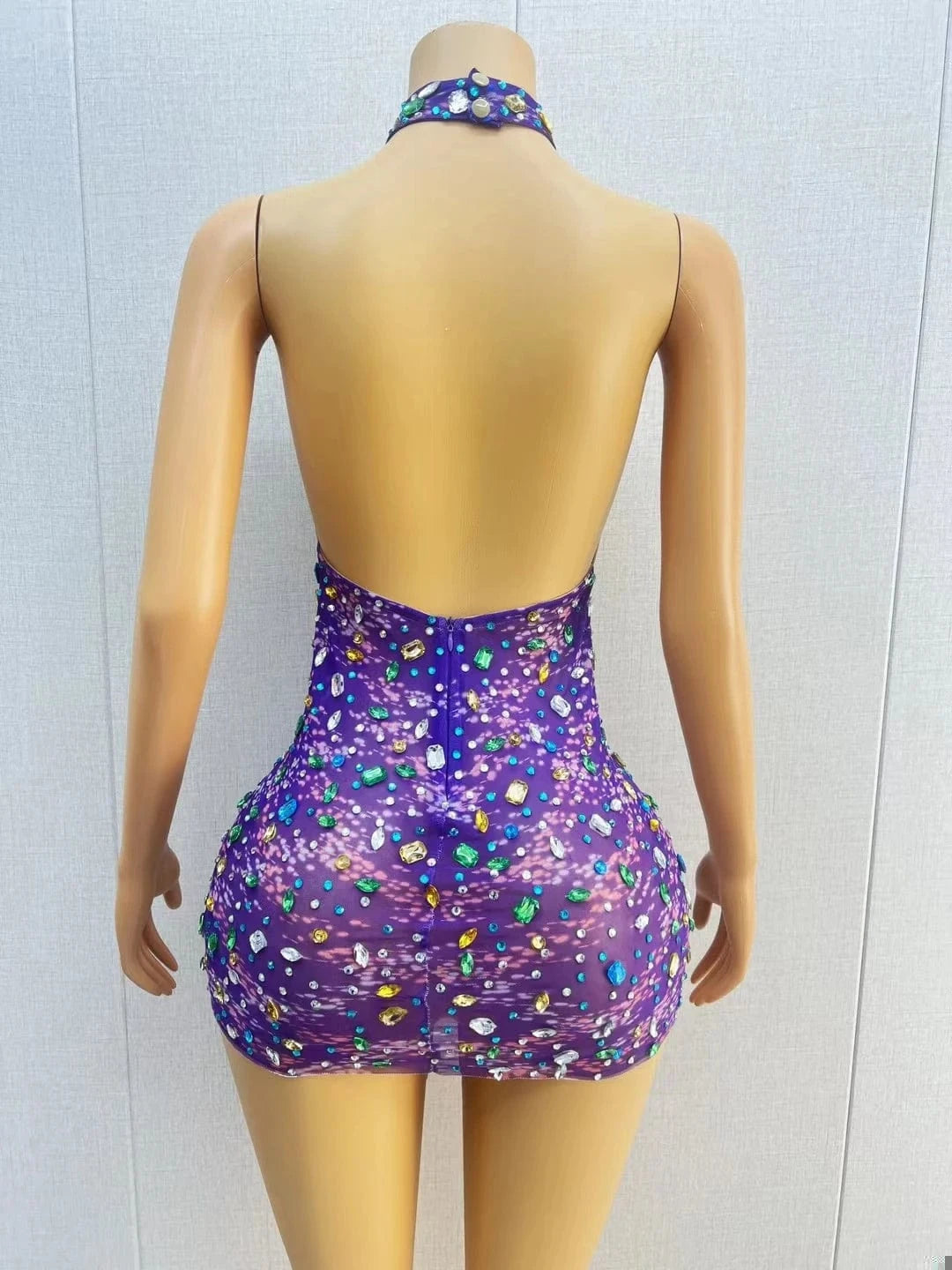 Sexy Cut Out Birthday Sequin Crystal Cocktail Dress Stripper Dancewear Backless Mini Night Club Dress Women Bodycon Party Dress