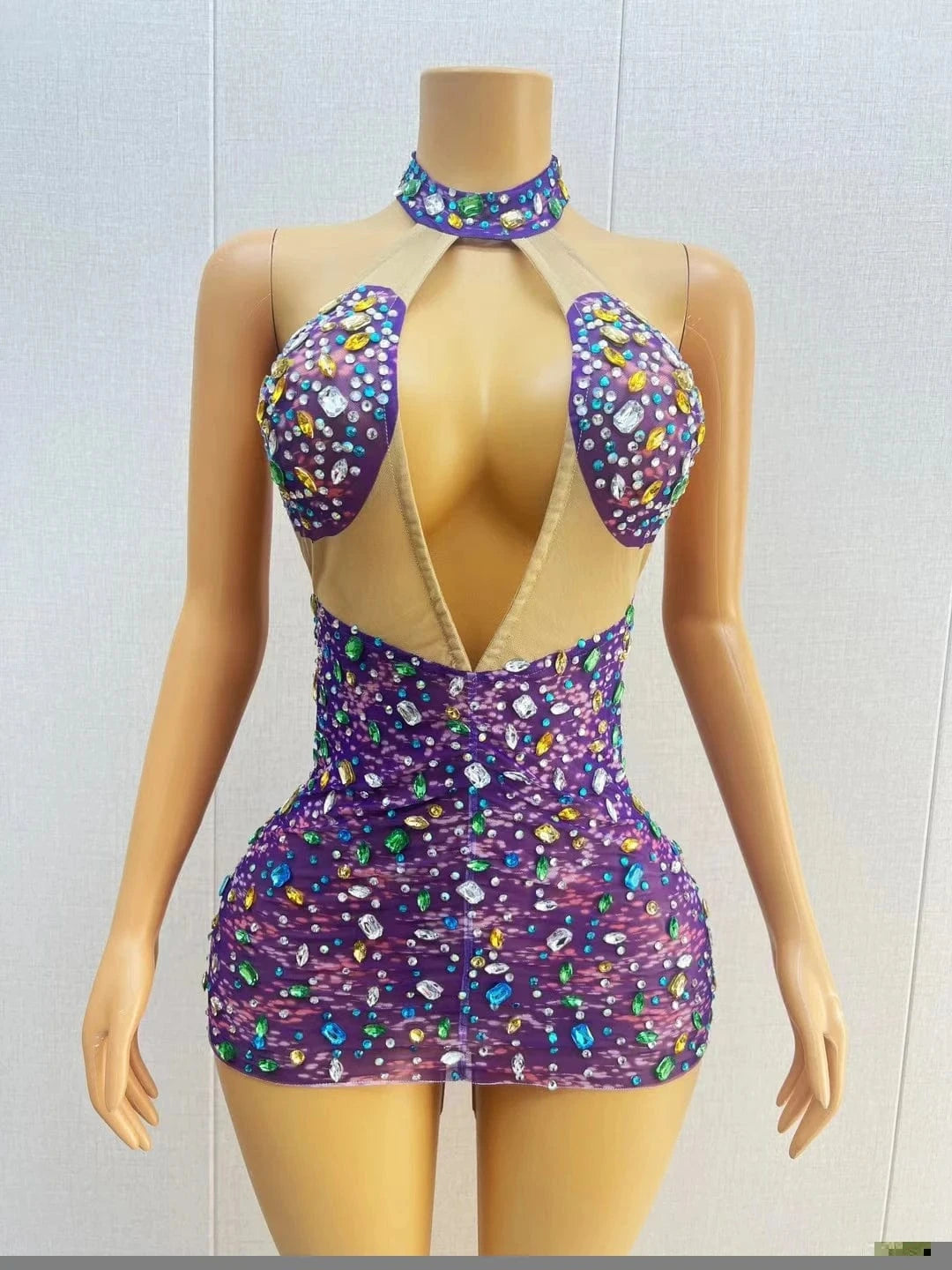 Sexy Cut Out Birthday Sequin Crystal Cocktail Dress Stripper Dancewear Backless Mini Night Club Dress Women Bodycon Party Dress