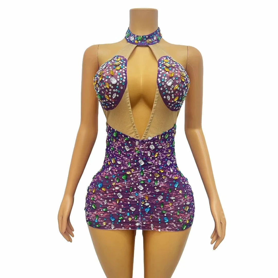 Sexy Cut Out Birthday Sequin Crystal Cocktail Dress Stripper Dancewear Backless Mini Night Club Dress Women Bodycon Party Dress
