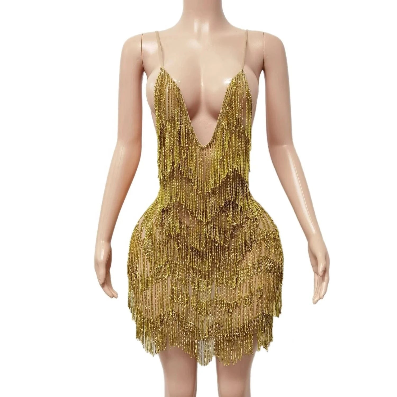 Crystal Skin Tan Deep V & Thigh Slit Feathered Embellished Mini Party Dress