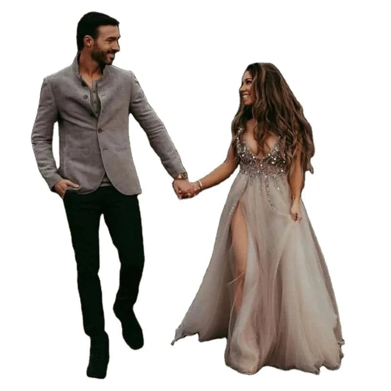 Sexy Glitter Side Slit Wedding Dresses Deep V-Neck Sleeveless Bling Sequins Boho Bridal Gowns A-Line Tulle Bride Dress