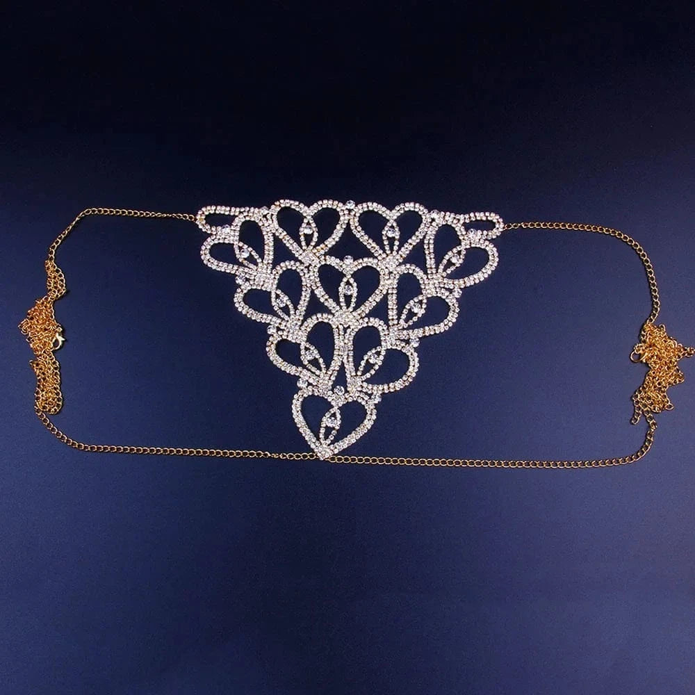 Sexy / Gold Heart Hot Sale Sexy Body Chain Crystal Heart Thong Rhinestone Bikini Beach Panties Underwear Belly Chain Jewelry