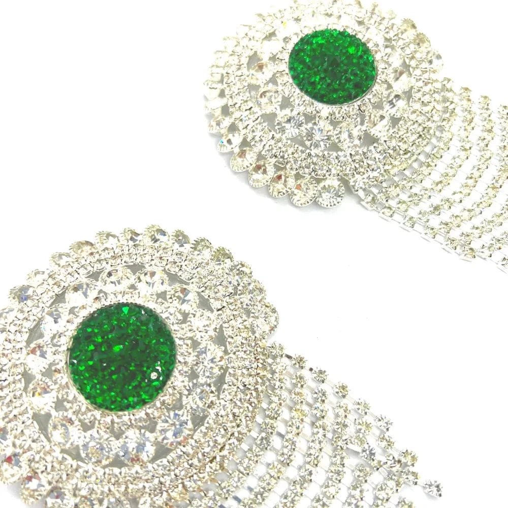 Sexy Green Rhinestone Round Shape Chest Stickers Carnival Women Tassel Bra Jewelry Nipple Stickers No Piercing Jewelry
