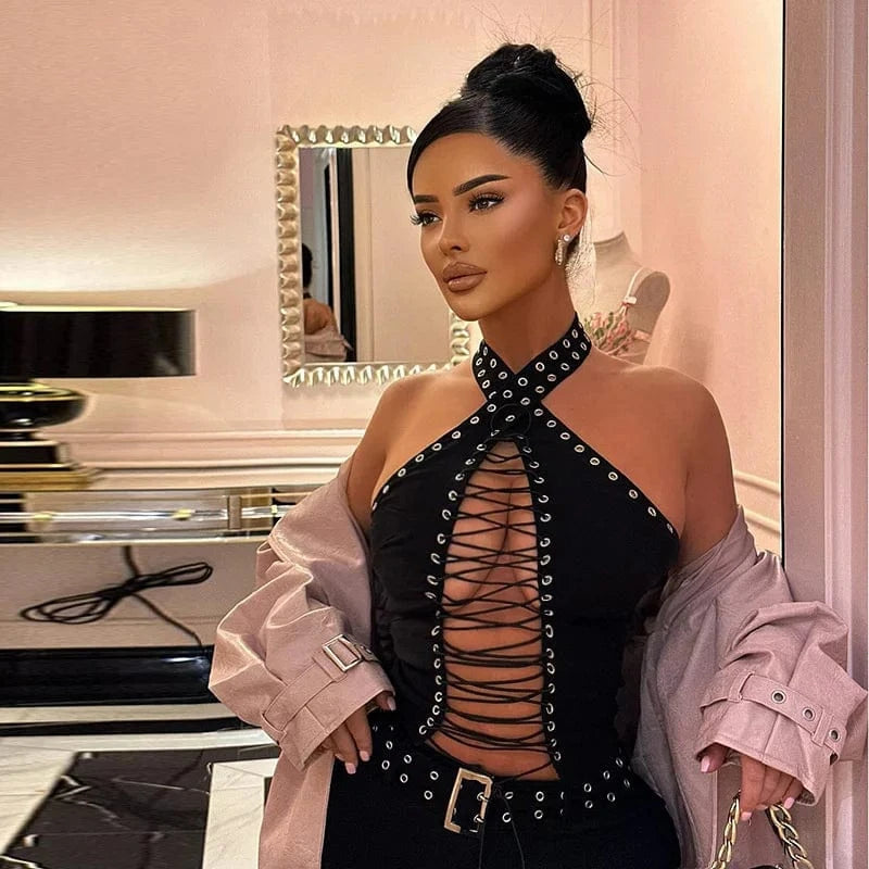 Sexy Halter Backless Black Jumpsuit Woman Elegant Sleeveless Lace-up Hollow Out Bandage One Pieces Romper Night Club Outfit