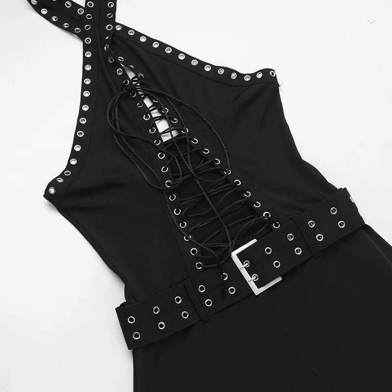 Sexy Halter Backless Black Jumpsuit Woman Elegant Sleeveless Lace-up Hollow Out Bandage One Pieces Romper Night Club Outfit