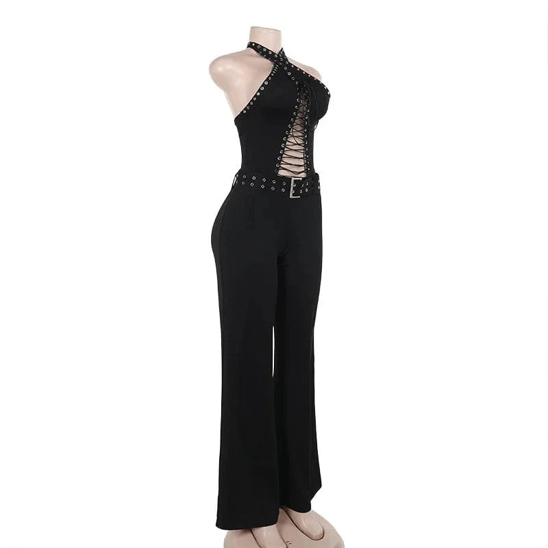 Sexy Halter Backless Black Jumpsuit Woman Elegant Sleeveless Lace-up Hollow Out Bandage One Pieces Romper Night Club Outfit