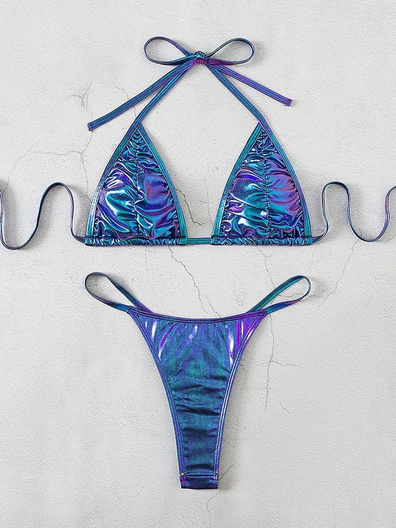 Sexy Halter Triangle Bag Bikini Set Laser Fabric Diamond Bandage Thong Swimsuit Bathing Suit 2024 Woman Swimwear Micro Bikinis