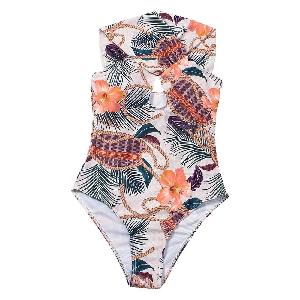 Sexy High Cut Leg Triangle Floral Print Hollow Out Halter One Piece Swimsuits for Women 2023