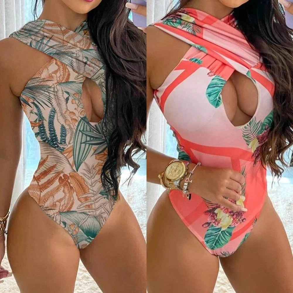 Sexy High Cut Leg Triangle Floral Print Hollow Out Halter One Piece Swimsuits for Women 2023