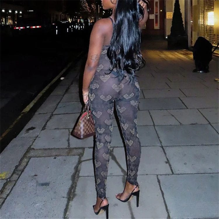 Sexy Hollow Out Mesh Print Women See Through Jumpsuit Sleeveless Thin One Piece Female Inside Midnight Clothing