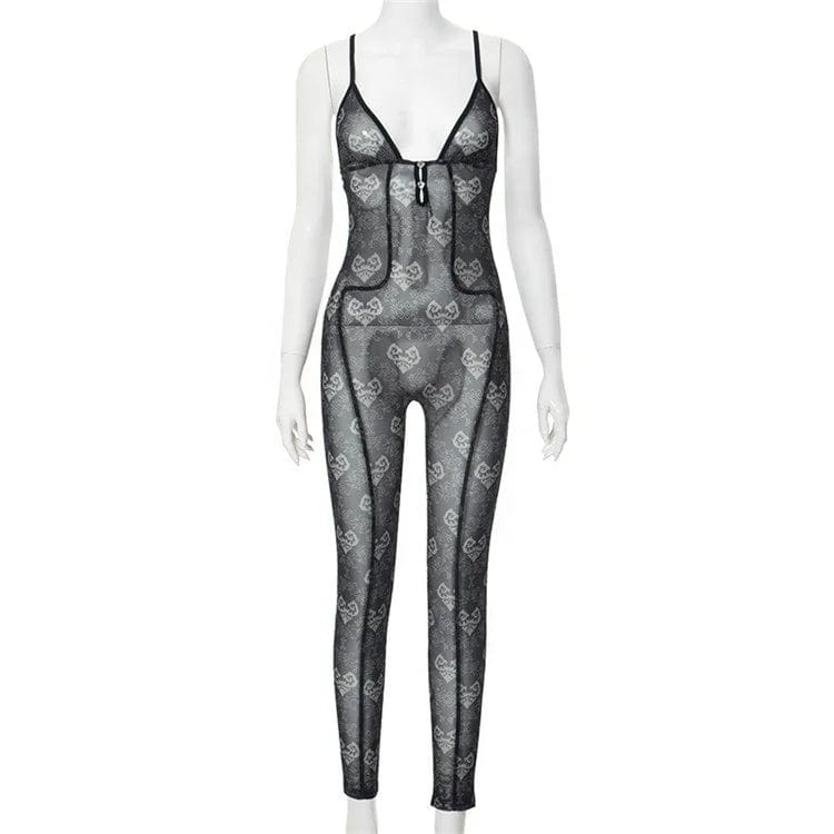 Sexy Hollow Out Mesh Print Women See Through Jumpsuit Sleeveless Thin One Piece Female Inside Midnight Clothing