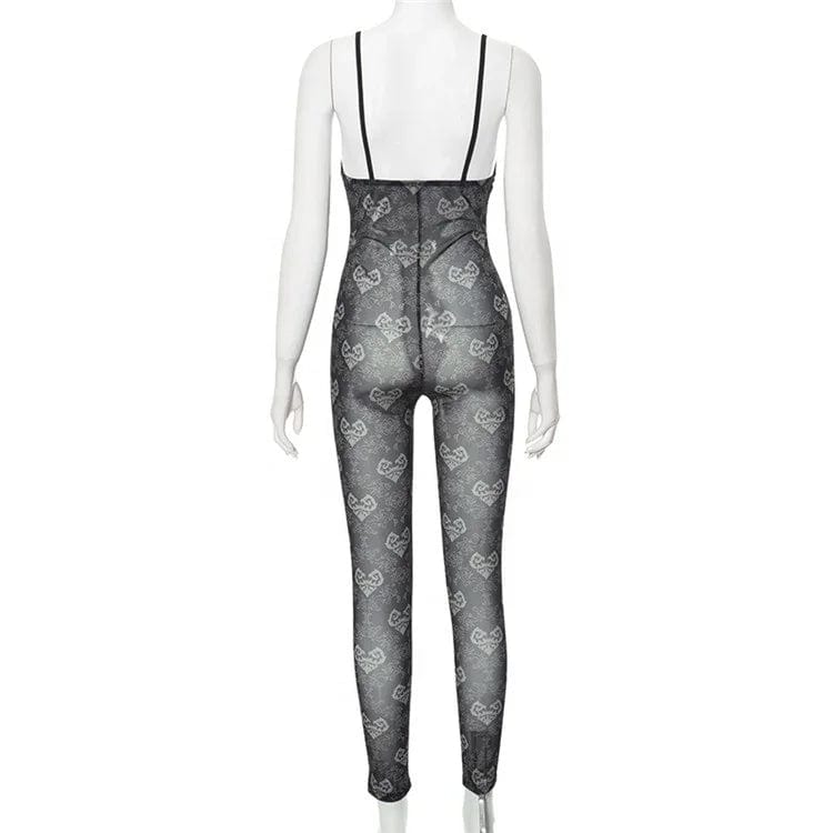 Sexy Hollow Out Mesh Print Women See Through Jumpsuit Sleeveless Thin One Piece Female Inside Midnight Clothing