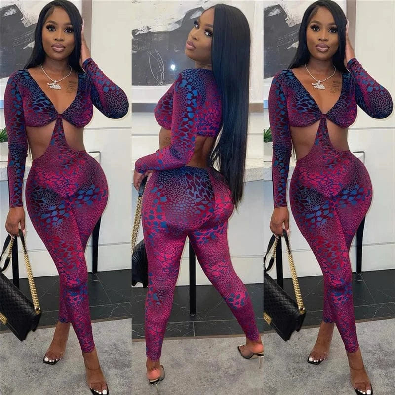 Sexy Hollow Out Rompers Womens Jumpsuit Long Sleeve Snakeskin Printed Club Wear Skinny Slim Party Jumpsuits Bodycon Overalls