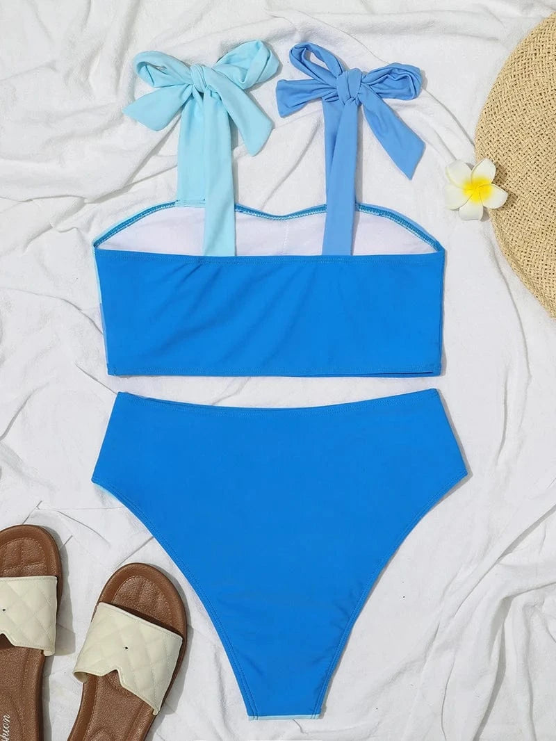 Sexy Hot Pink Gradient Tie Up High Waist Swimwear Women's Swimsuit 2024 New Bikini Bathing Suit Two Pieces For Beach Summer