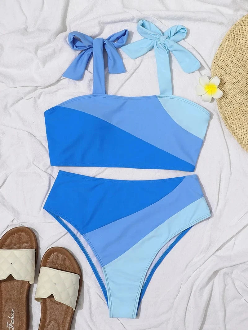 Sexy Hot Pink Gradient Tie Up High Waist Swimwear Women's Swimsuit 2024 New Bikini Bathing Suit Two Pieces For Beach Summer