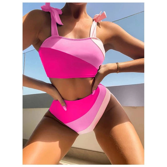 Sexy Hot Pink Gradient Tie Up High Waist Swimwear Women's Swimsuit 2024 New Bikini Bathing Suit Two Pieces For Beach Summer