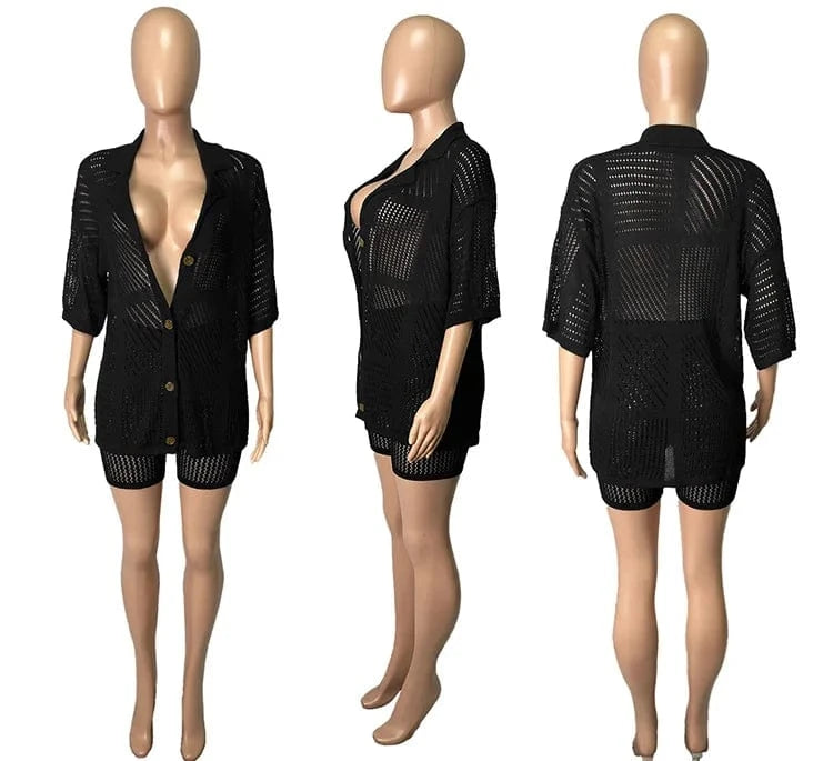 Sexy Knitted Outfits Polo Short Sleeve Single Breasted Tops Two Piece Biker Short Cardigan Sweater Sets Women 2 Piece Sets