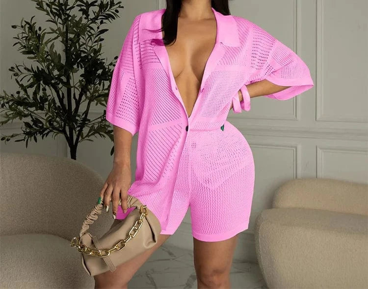 Sexy Knitted Outfits Polo Short Sleeve Single Breasted Tops Two Piece Biker Short Cardigan Sweater Sets Women 2 Piece Sets