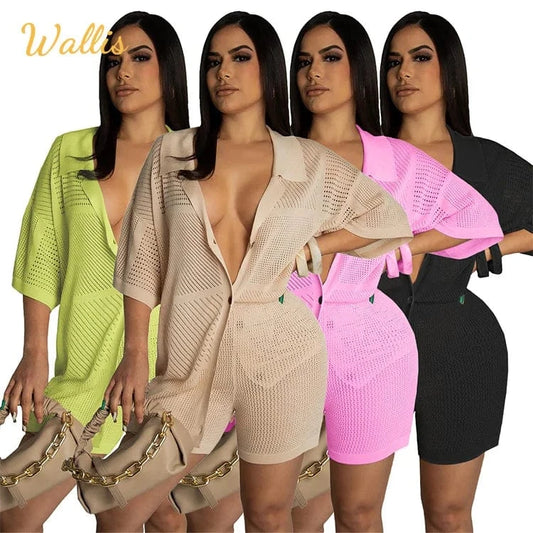 Sexy Knitted Outfits Polo Short Sleeve Single Breasted Tops Two Piece Biker Short Cardigan Sweater Sets Women 2 Piece Sets