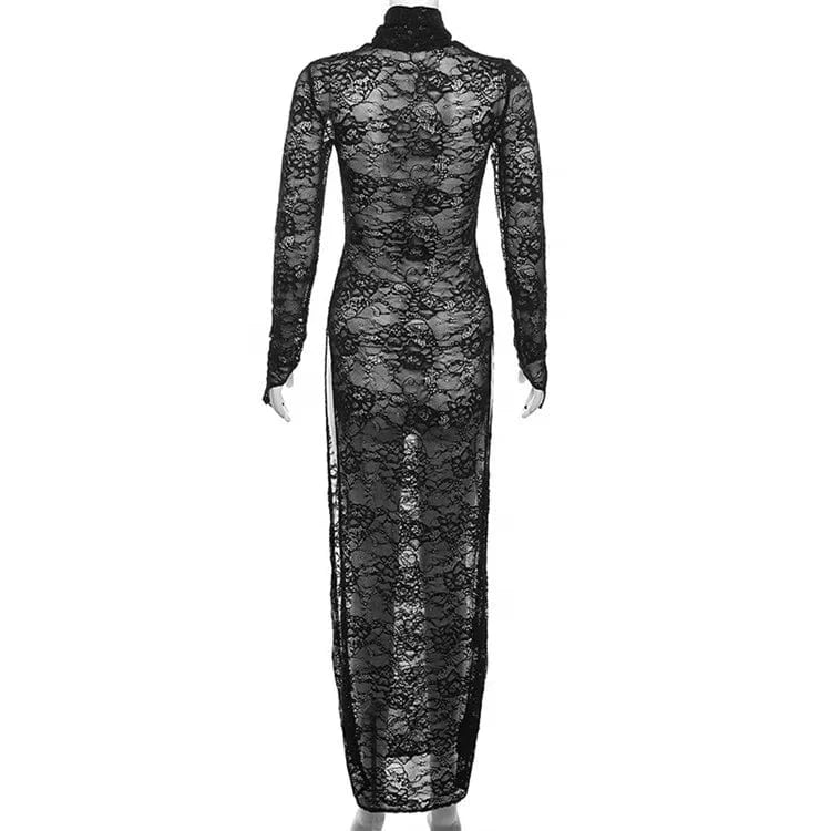 Sexy Lace Black Hook Flower Hollow Out Long Dress Night Club Clothing For Woman 2024 Mesh Maxi Dress