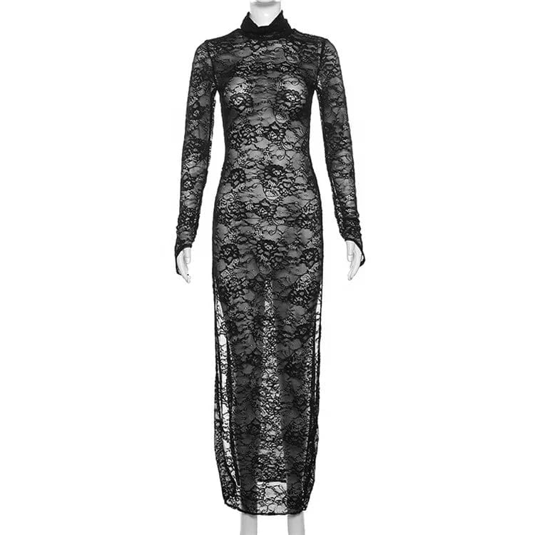 Sexy Lace Black Hook Flower Hollow Out Long Dress Night Club Clothing For Woman 2024 Mesh Maxi Dress