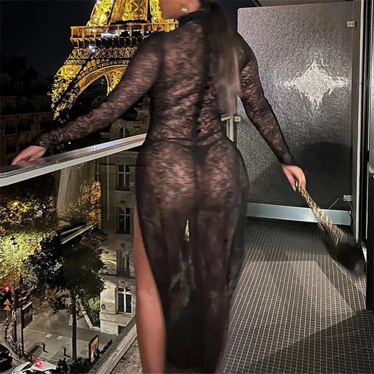 Sexy Lace Black Hook Flower Hollow Out Long Dress Night Club Clothing For Woman 2024 Mesh Maxi Dress