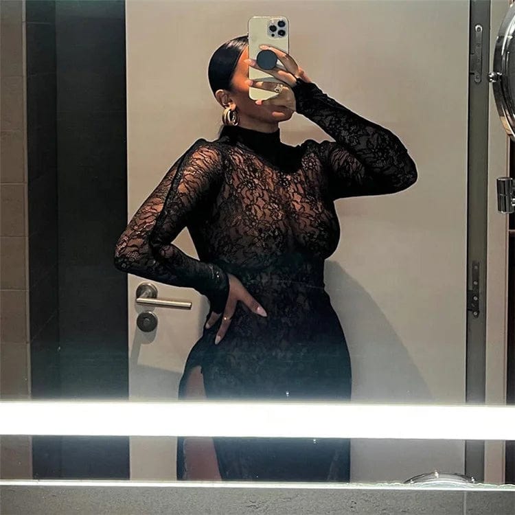 Sexy Lace Black Hook Flower Hollow Out Long Dress Night Club Clothing For Woman 2024 Mesh Maxi Dress