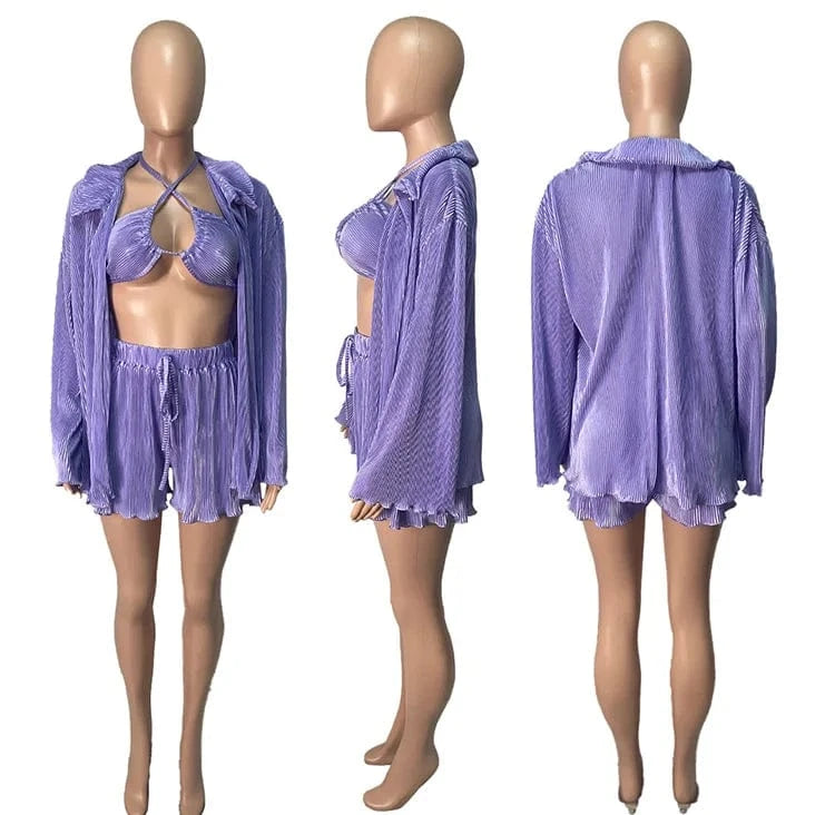 Sexy Long Sleeve Shirts 3 Pieces Solid Pleated Suits Female Fashion Straight Bikini Cardigan Outfits Bra And Biker Shorts Set