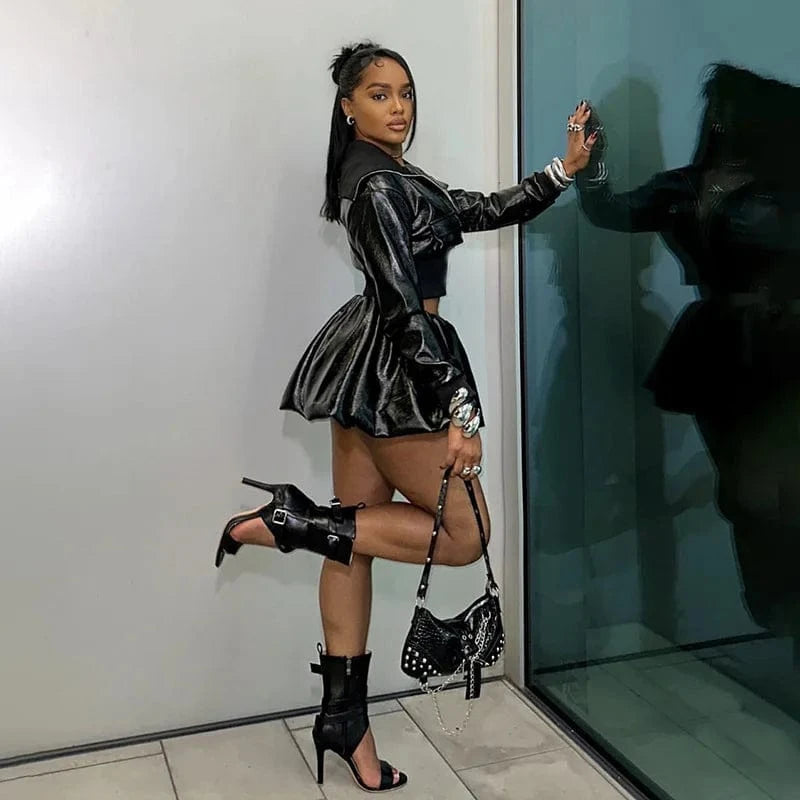 Sexy Long Sleeve Zip Crop Jacket & Mini Puffy Skirt