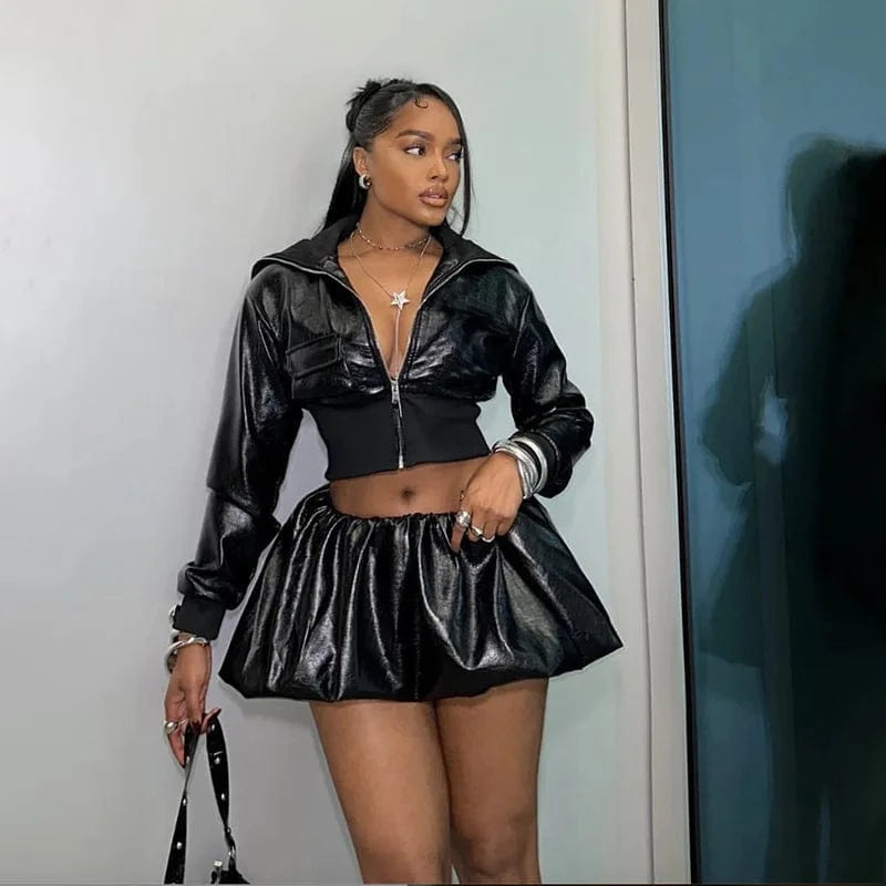 Sexy Long Sleeve Zip Crop Jacket & Mini Puffy Skirt