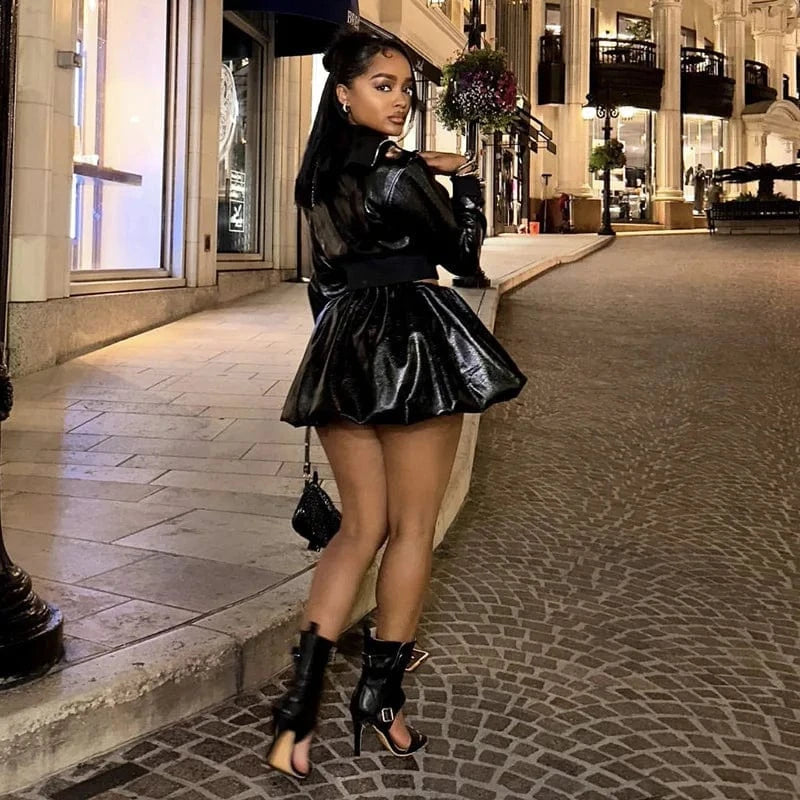 Sexy Long Sleeve Zip Crop Jacket & Mini Puffy Skirt