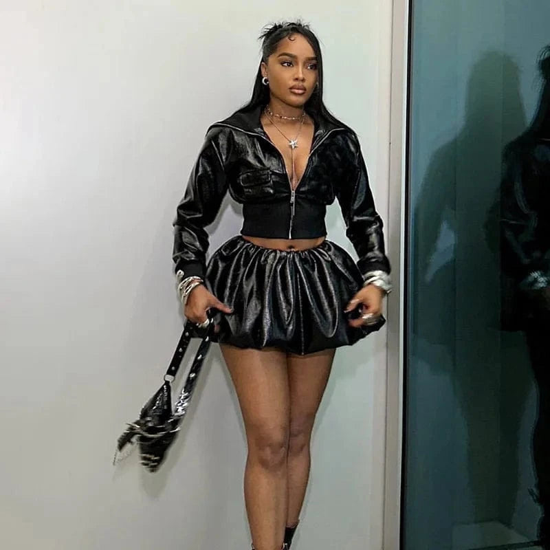 Sexy Long Sleeve Zip Crop Jacket & Mini Puffy Skirt