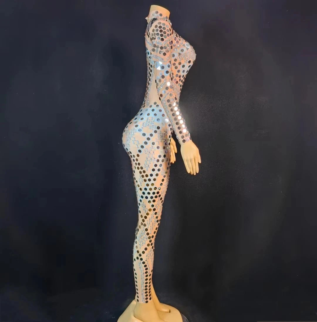 Sexy Long Sleeves Glitter Sequin Rompers Plus Size Show Leotard Dancer Wear Slim Fit Spandex Bodysuits Women Rhinestone Jumpsuit