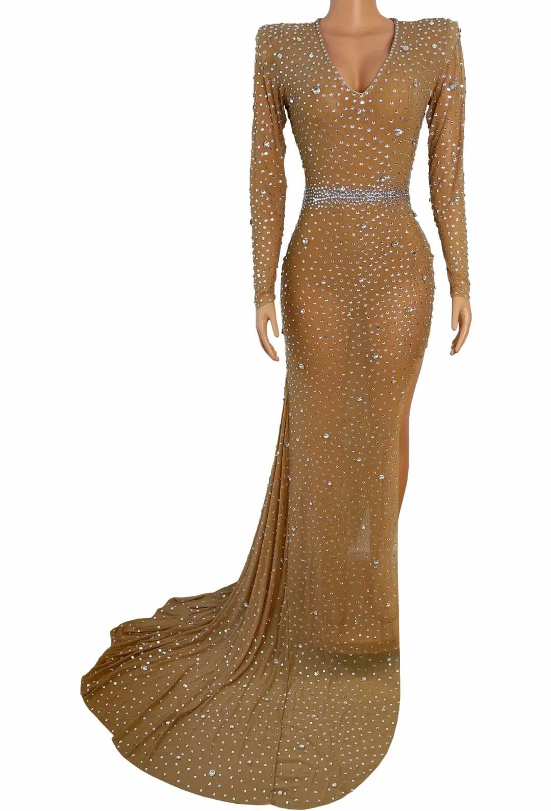 Sexy Long Sleeves Mesh Rhinestone Ball Gowns For Women High Slit Graduation Party Prom Dress 2022 Wedding Guest Evening Dresses