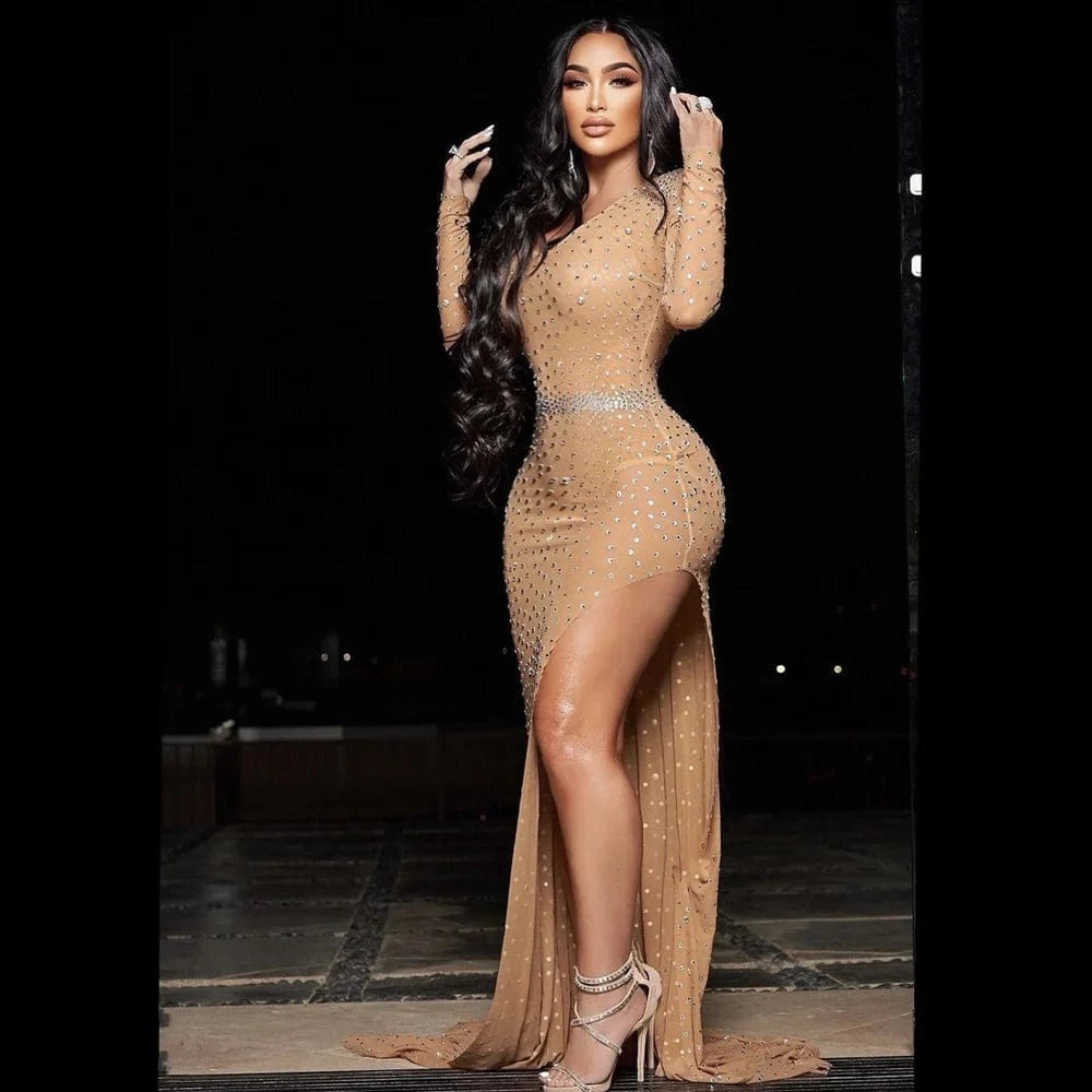Sexy Long Sleeves Mesh Rhinestone Ball Gowns For Women High Slit Graduation Party Prom Dress 2022 Wedding Guest Evening Dresses