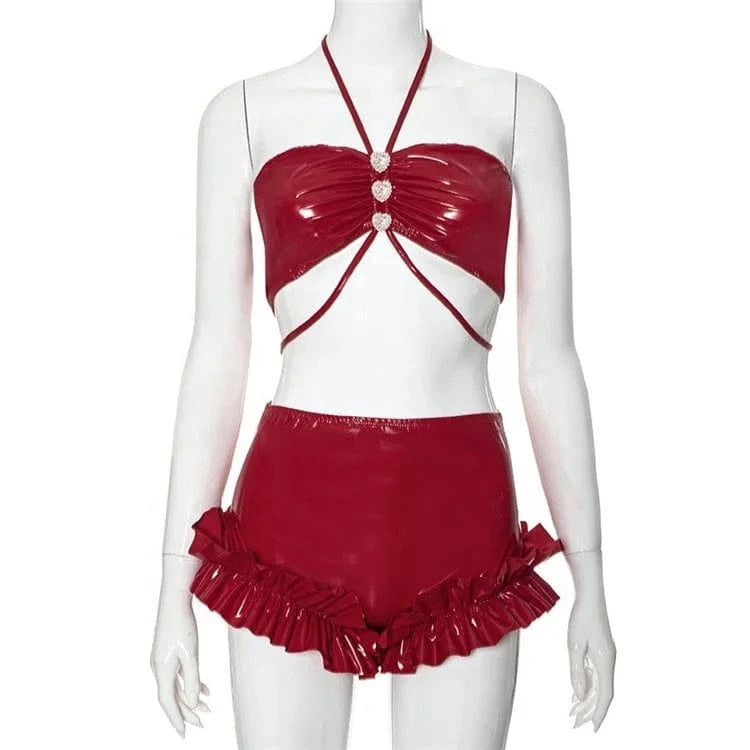 Sexy Love Diamond Bikini Halter Neck Wrap Chest Pu Leather High Waist Shorts Ruffle Set Summer Beach Set