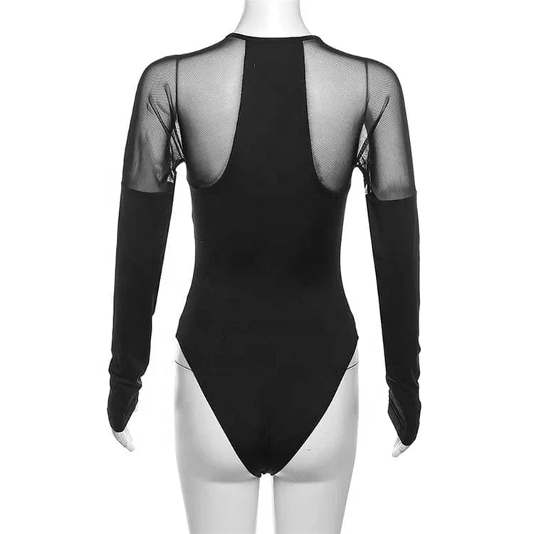 Sexy Mesh Patchwork Bodycon Bodysuit Night Club Outfits For Women 2024 Fall Long Sleeve O Neck See Through Bodysuit