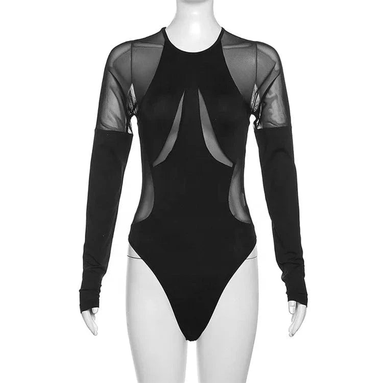 Sexy Mesh Patchwork Bodycon Bodysuit Night Club Outfits For Women 2024 Fall Long Sleeve O Neck See Through Bodysuit