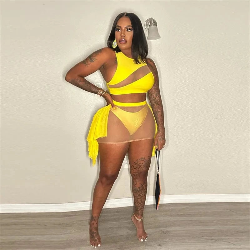 Sexy Mesh See-through Patchwork 2 Piece Sets Women Outfit Festival Clothing Tank Crop Top and Mini Skirt Set Night Club Outfits